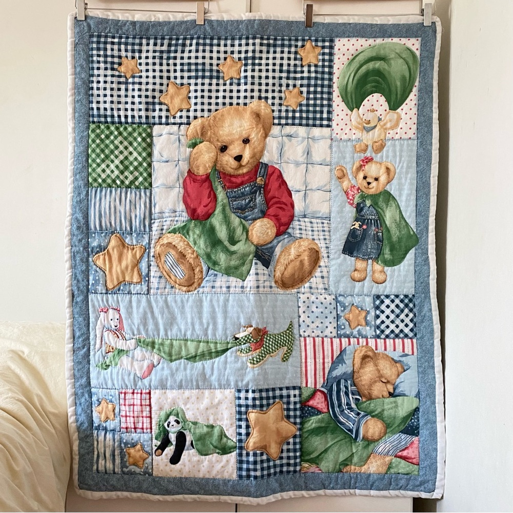 Vintage Blue Jean Teddy Bear & Friends Baby Quilt Blanket
